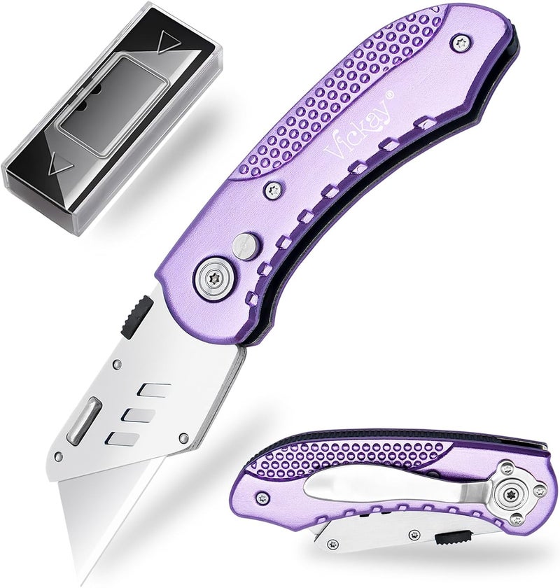 Vickay Folding Utility Knife, Box Cutter with 5 SK5 Quick Change Blades, Safety Axis Lock Design Razor Knife, Lightweight Aluminum Handle Belt Clip for Office Home Artcraft （Light Purple) - Image 1